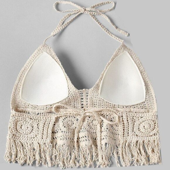 Crochet Halter Bra with Cropped Tassel Hem Summer Sleeveless Casual Top - Picture 7 of 8